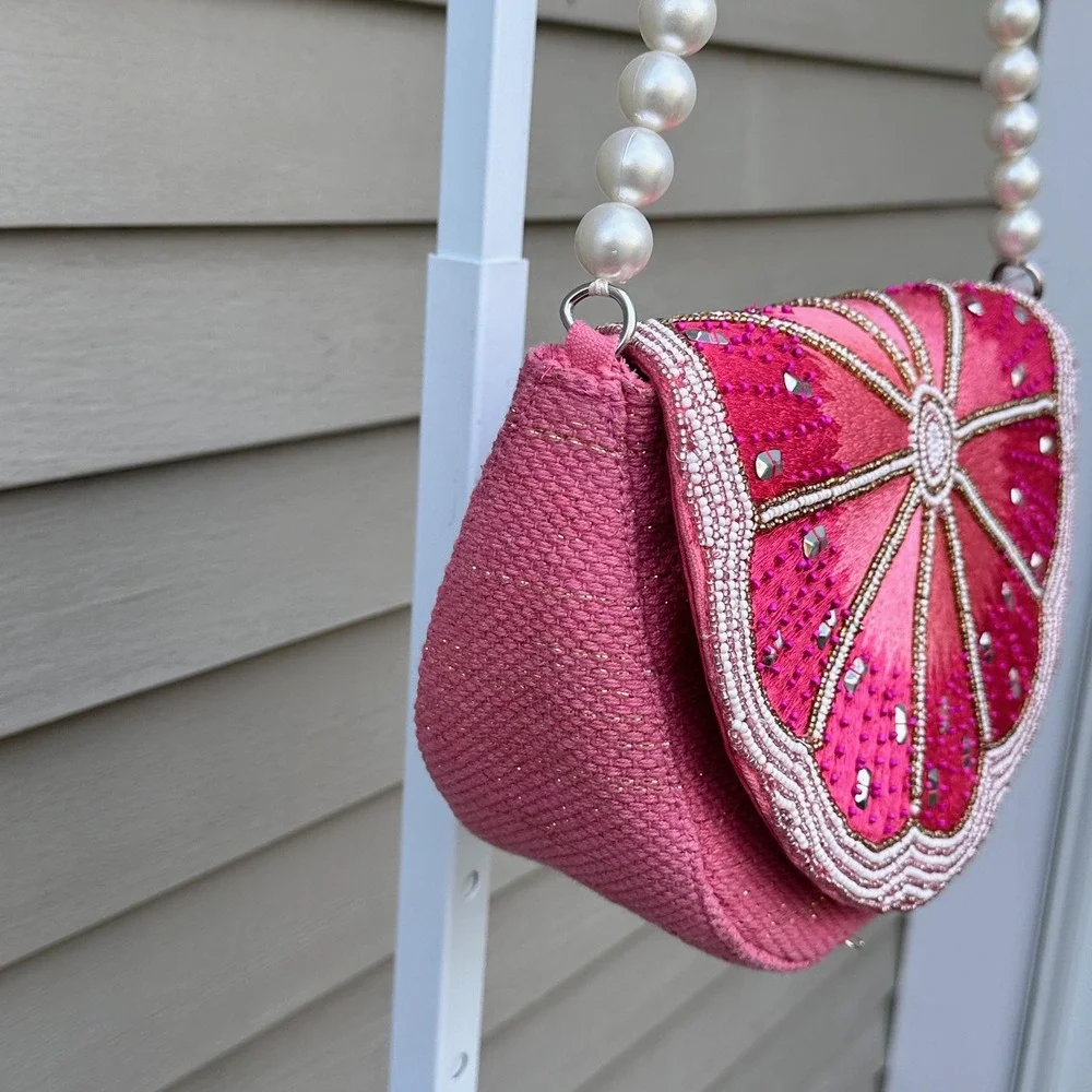 Kayu Limited Edition Pink Grapefruit Beaded Pearl Strap Shoulder Bag Novelty